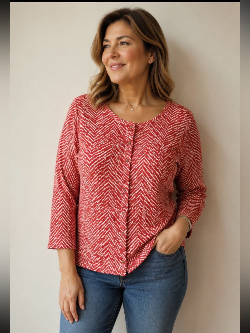 LOFT Red White Chevron Print Button Front Cotton Cardigan Sweater Size M